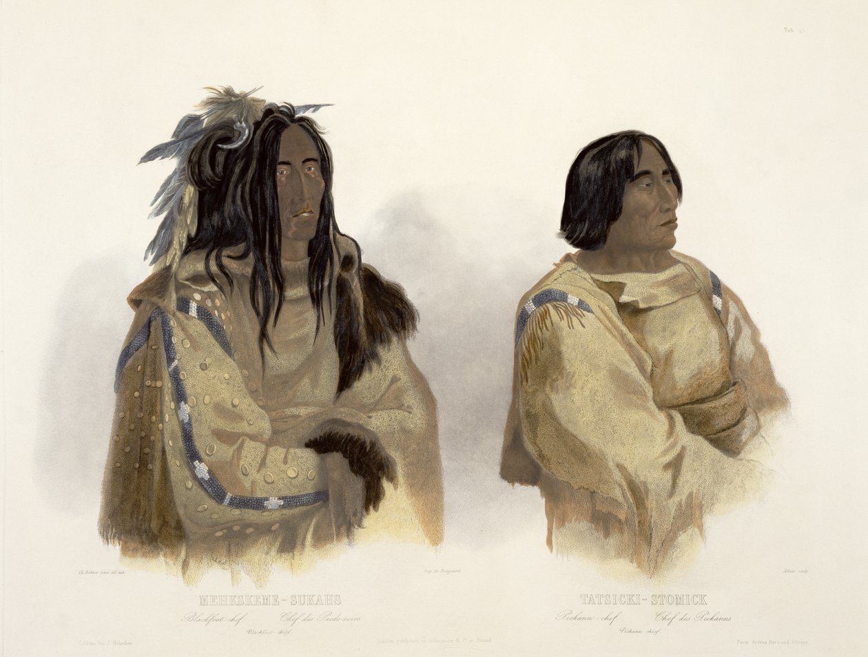 Mehkskeme-Sukahs, svartfotshövding och Tatsicki-Stomick, Piekannshövding, tavla 45 från volym 2 av "Travels in the Interior of North America", graverad av Allais, 1844 (akvatint). av Karl Bodmer