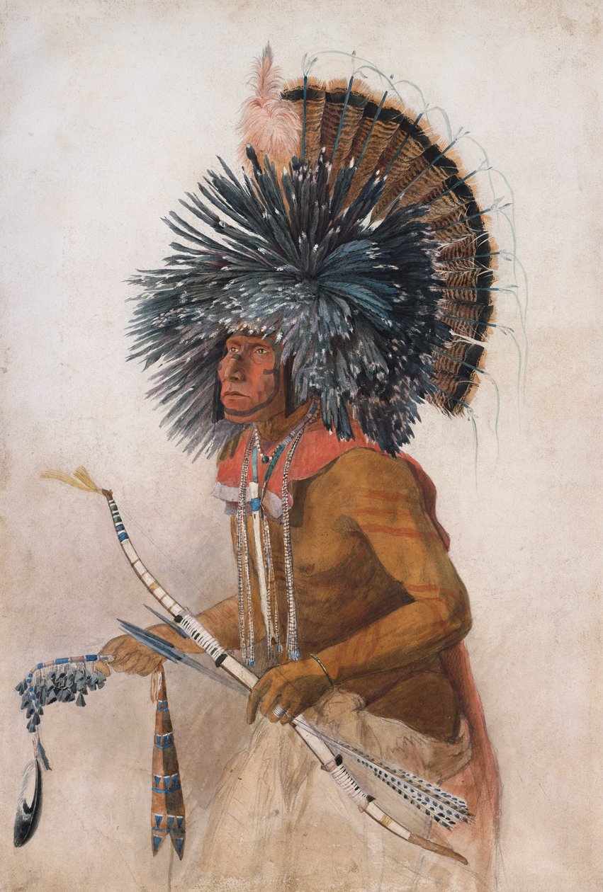 Pehriska-Ruhpa, Hidatsa-krigare, i kostym av Hunddansen av Karl Bodmer