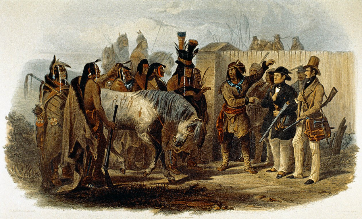 Prins Max von Wied-Neuwied (1782-1867) och Karl Bodmer hälsas av Hidatsa-indianerna av Karl Bodmer
