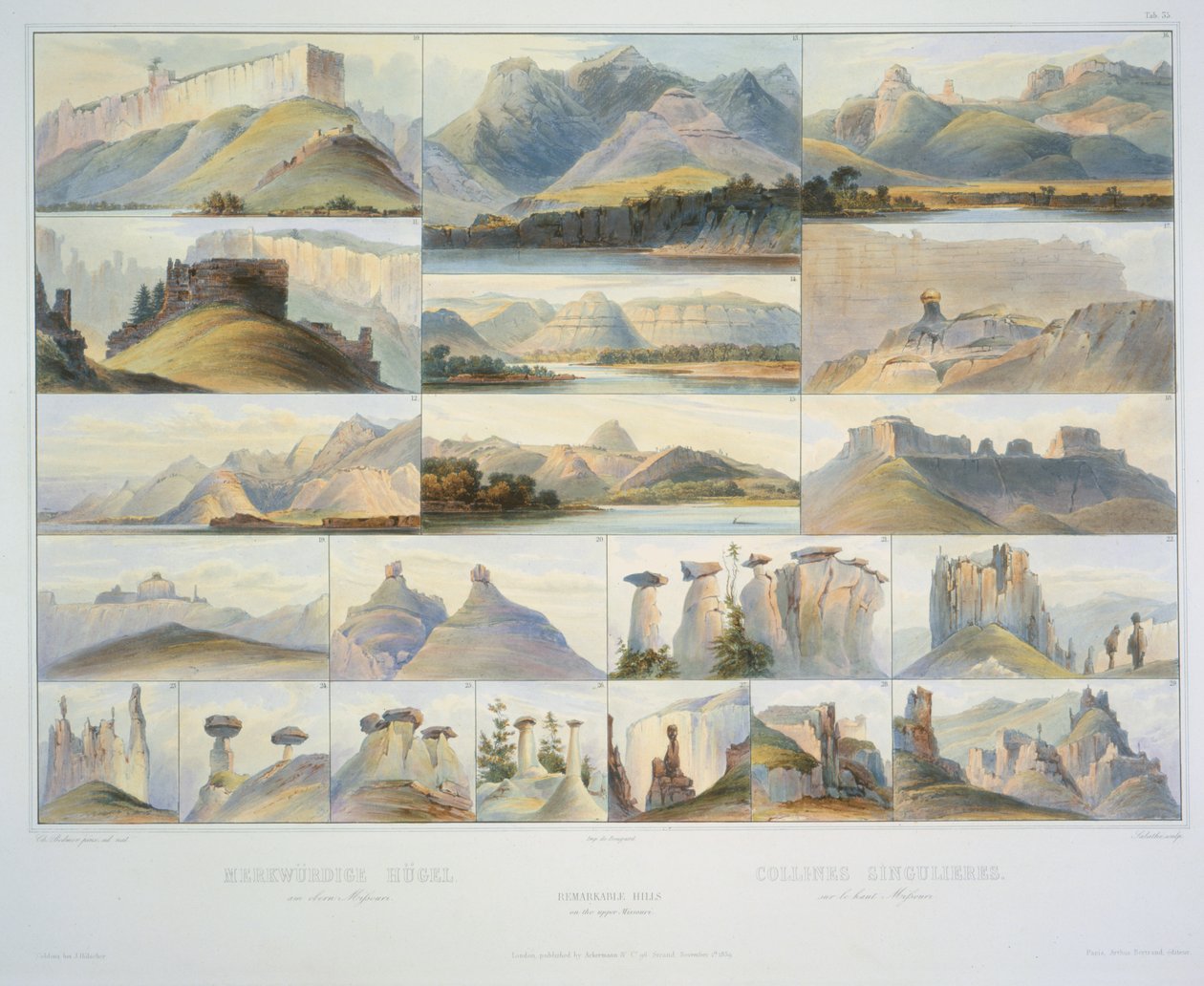 Remarkable Hills on the Upper Missouri, graverad av F. Salathe, publiceras 1839 (akvatint) av Karl Bodmer