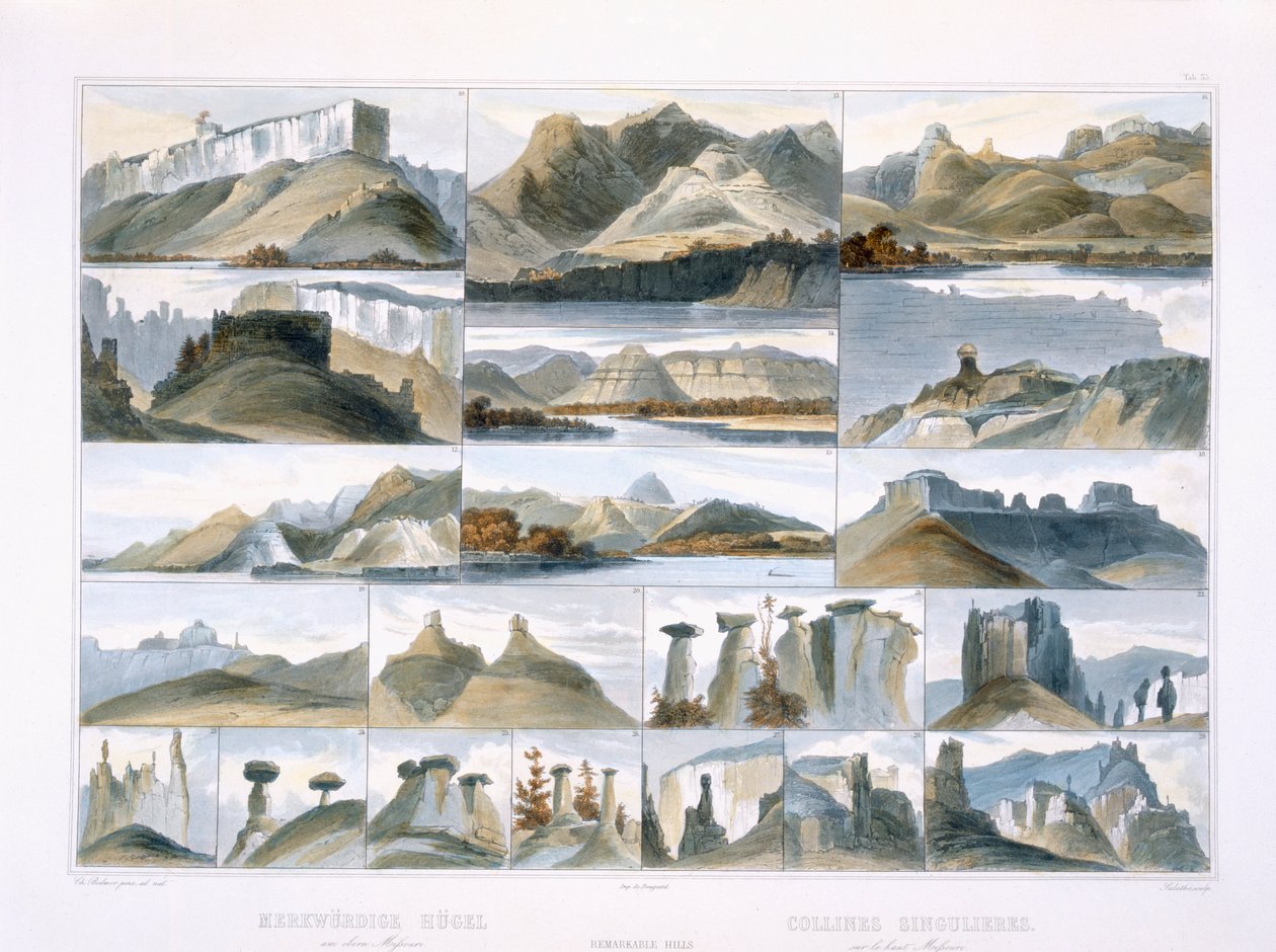 Remarkable Hills on the Upper Missouri, tavla 35 från volym 2 av "Travels in the Interior of North America", graverad av Friedrich Salathe (1793-1858) 1844 (akvatint) av Karl Bodmer