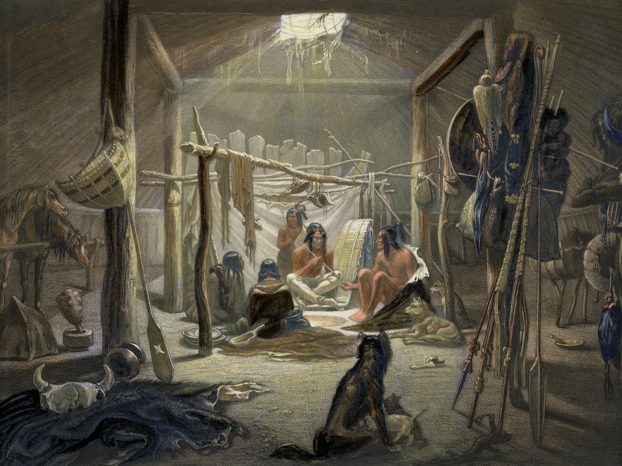 The Interior of a Hut of a Mandan Chief, skylt 19 från volym 2 av Travels in the Interior of North America, graverad av Narcisse Desmadryl, 1844 färgad akvatintdetalj av 103848 av Karl Bodmer