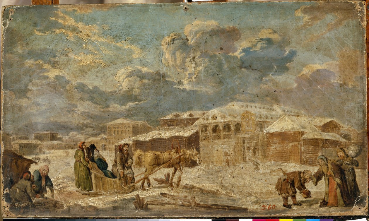 Stadens torg på vintern (Sankt Petersburg). Stadslandskap, med byggnader och trähus. Målning av Karl Friedrich Knappe (1745-1808), olja på kartong, 1700-talets andra hälft. tysk konst av Karl Friedrich Knappe