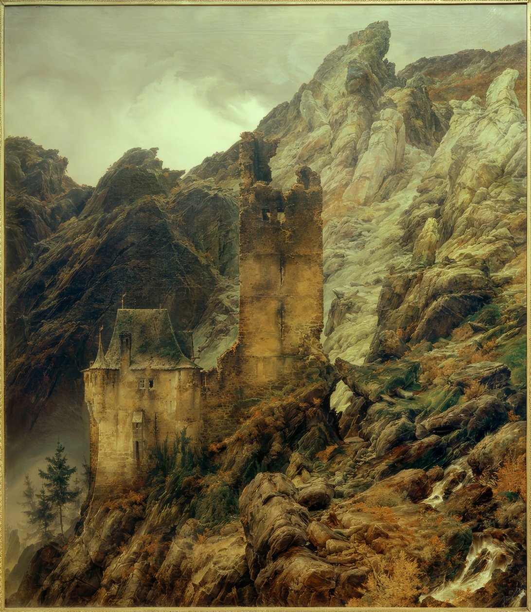 C.F.Lessing, stenigt landskap: ravin med ruiner av Carl Friedrich Lessing