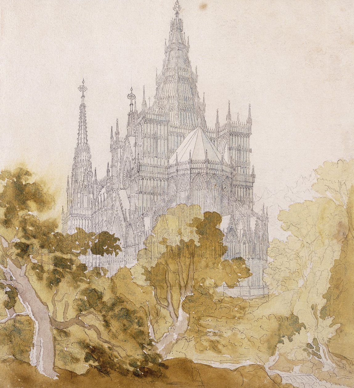 En gotisk katedral nära Bauman; En gotisk katedral bakom träd, 1814-15 av Karl Friedrich Schinkel