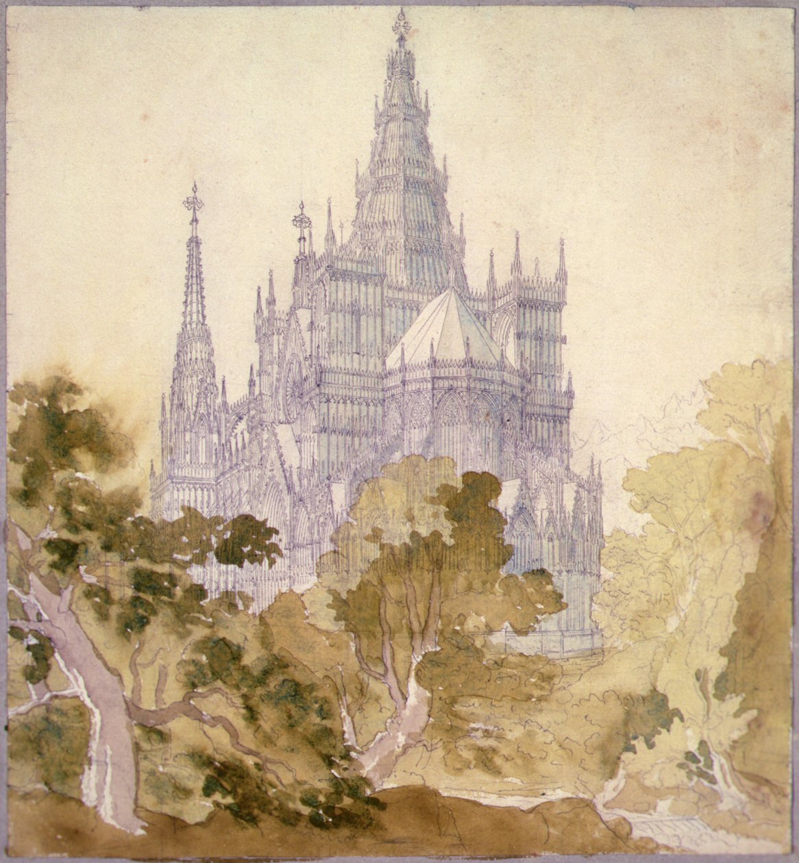 Ett skogslandskap med en gotisk kyrka (penna, bläck och akvarell) av Karl Friedrich Schinkel