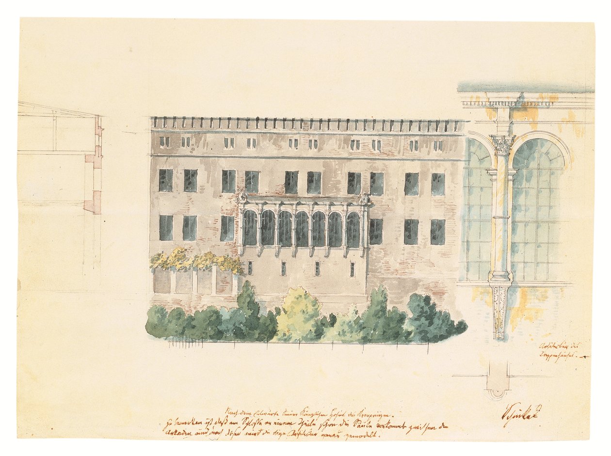 En design för ett nytt trapphus för norra fasaden på slottet i Stettin, med en delstudie av loggian, ett tvärsnitt av fasaden och en engagerad pilaster, ca 1840 (penna, penna och bläck och av Karl Friedrich Schinkel