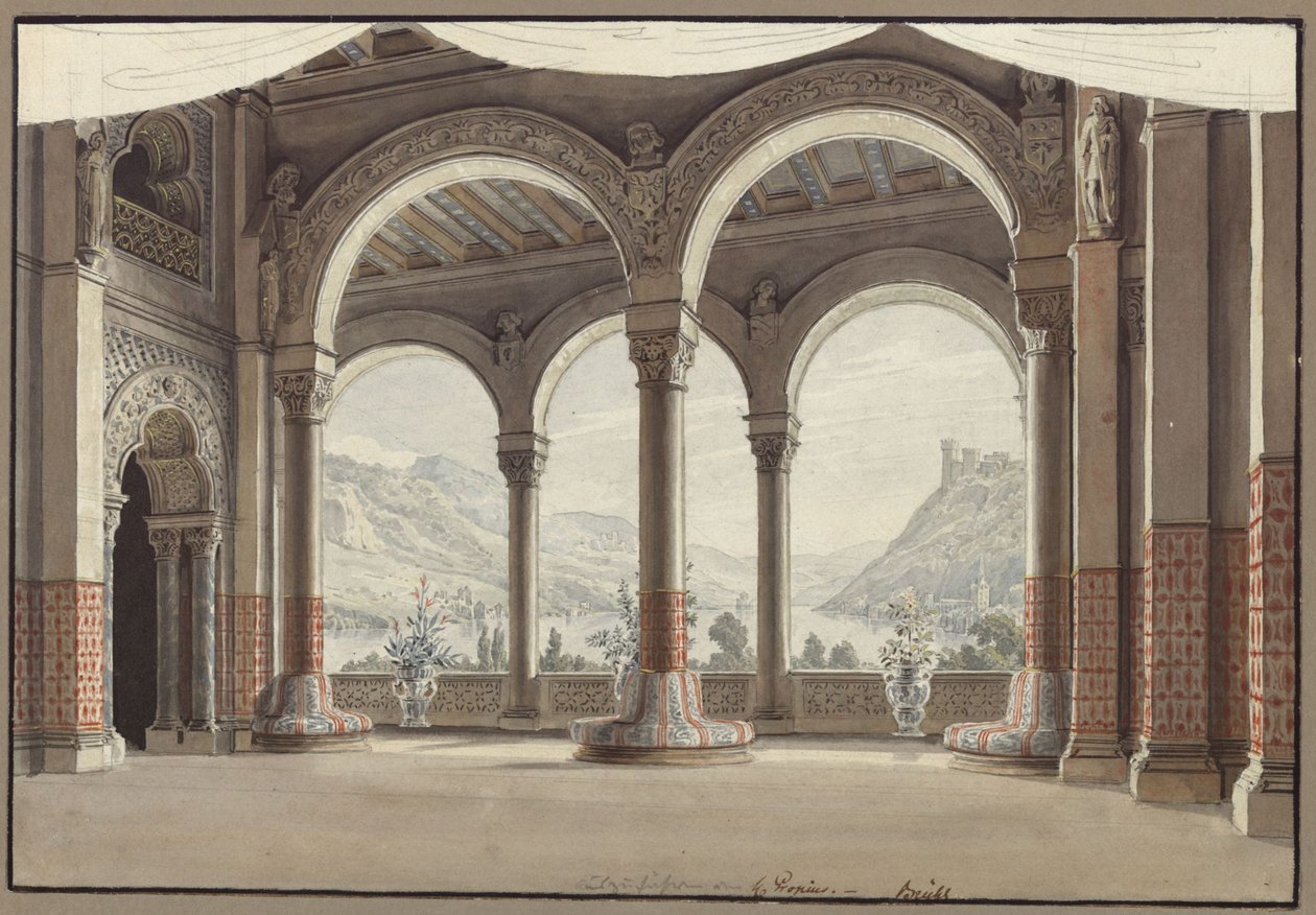 Agnes von Hohenstaufen. Opera av Gaspare Spontini. Utkast till den andra scenografin. Öppen sal av Karl Friedrich Schinkel
