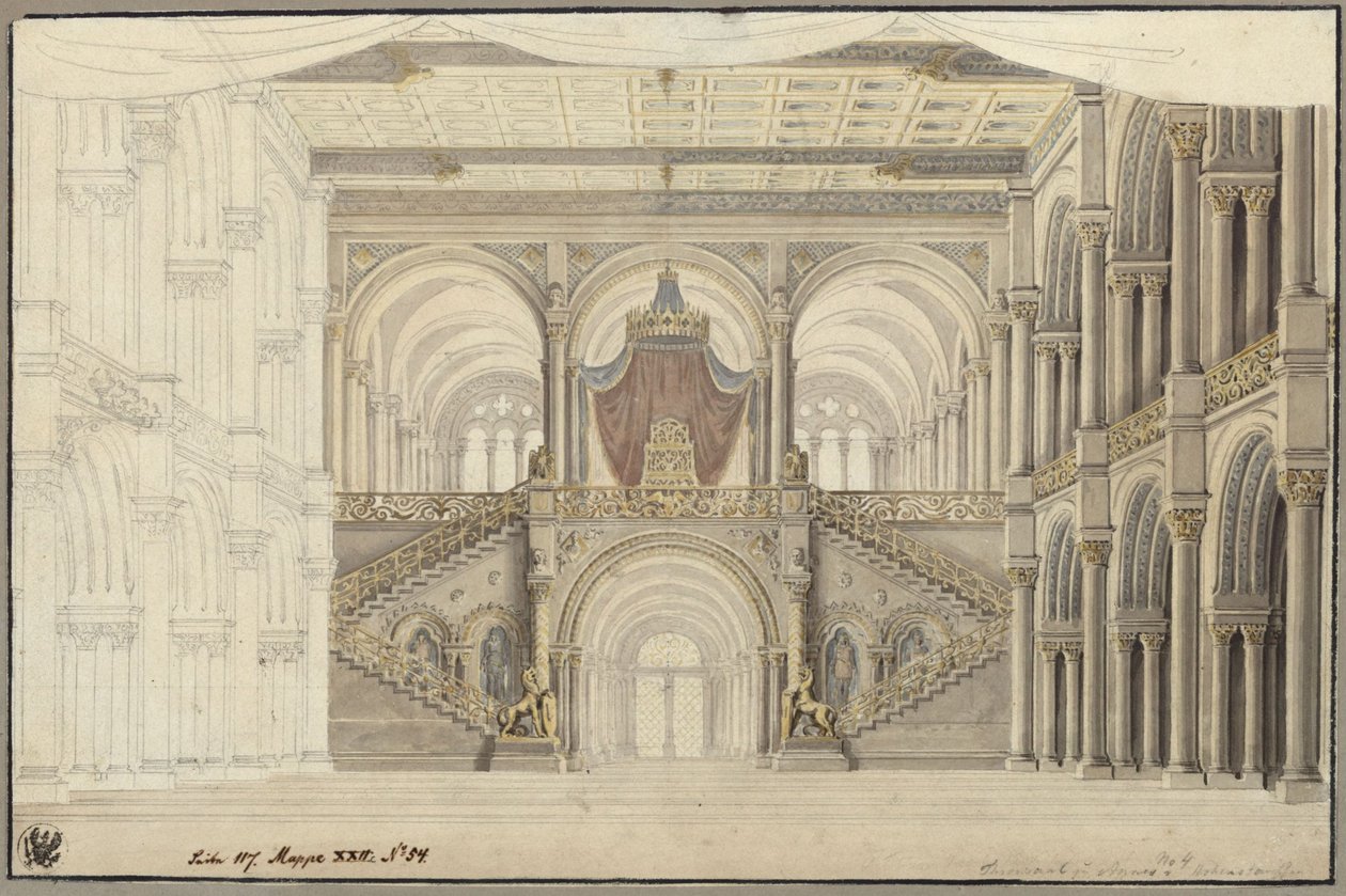 Agnes von Hohenstaufen. Opera av Gaspare Spontini. Utkast till den tredje scenografin. Tronsalen av Karl Friedrich Schinkel