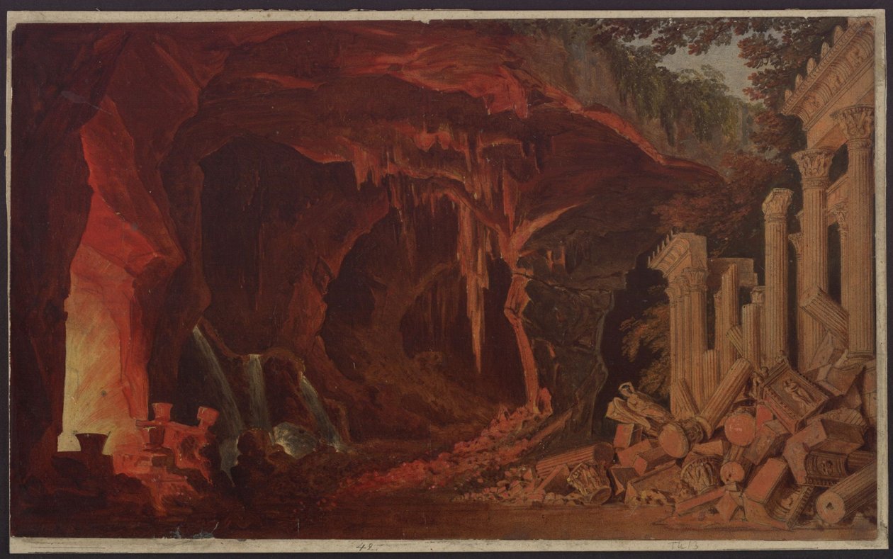 Alcidor. Opera av Gaspare Spontini. Skiss till den 1:a dekorationen. Klippgrotta av Karl Friedrich Schinkel