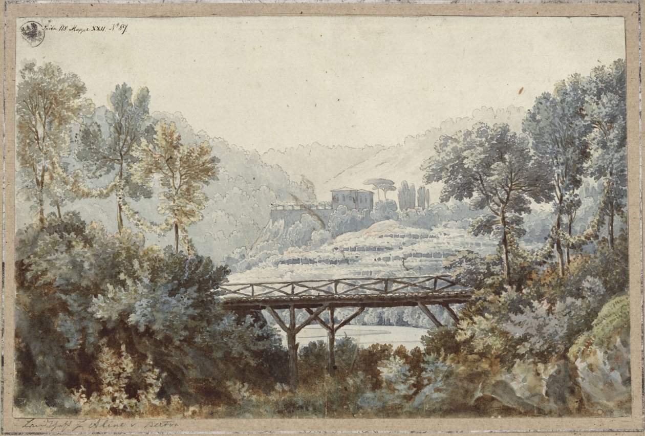 Aline, drottning av Golkonda. Opera av Henri-Montan Berton. Skiss till den 2:a dekorationen. Landskap med flod och bro av Karl Friedrich Schinkel