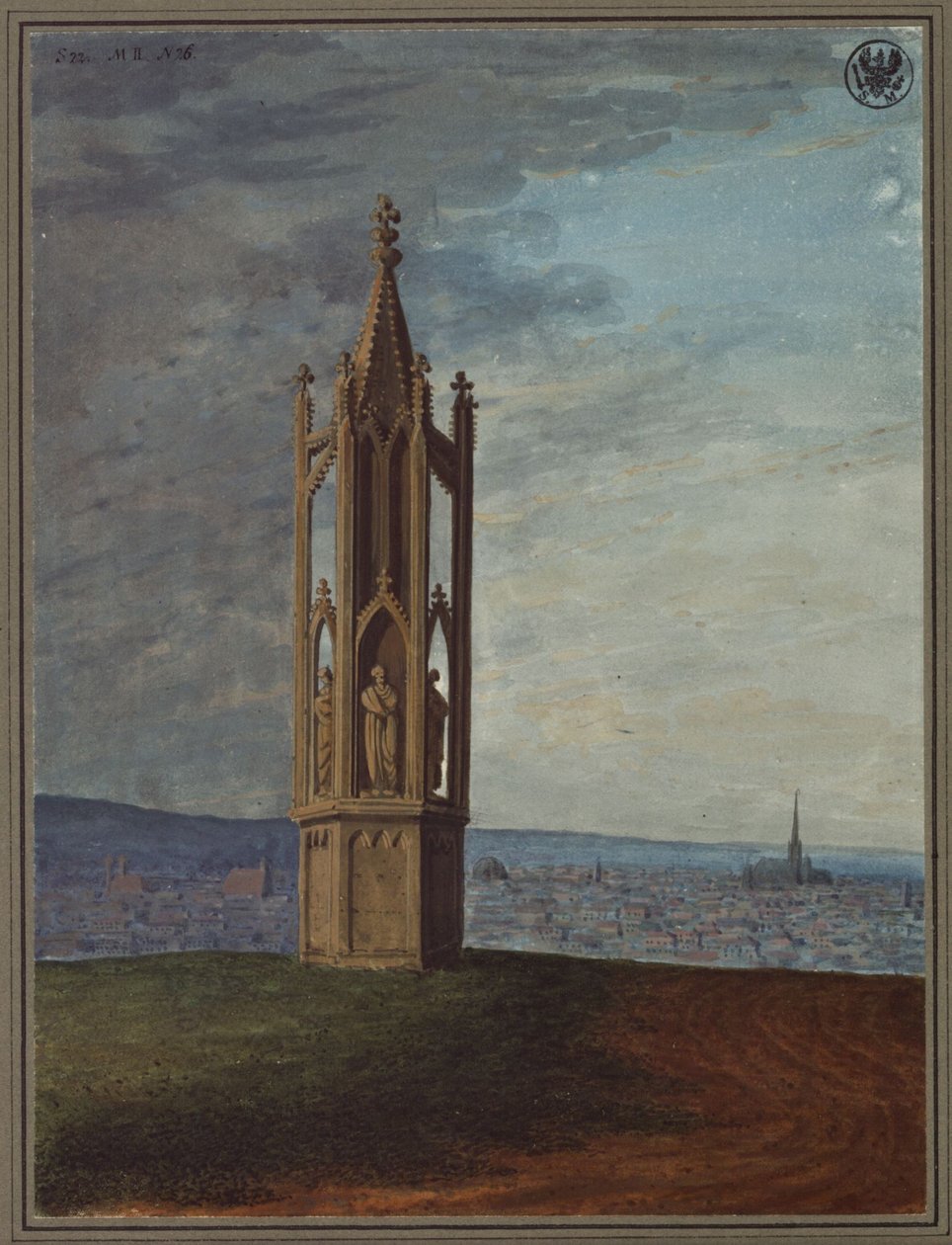 Ett monument i gammal tysk stil nära Wien, kallat ”Spinnerskan vid korset” av Karl Friedrich Schinkel