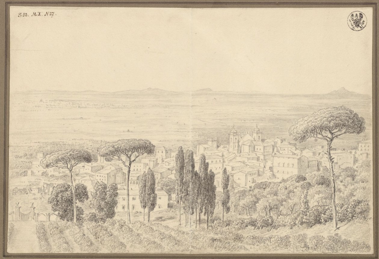 Utsikt över en ort, troligen i utkanten av Rom av Karl Friedrich Schinkel