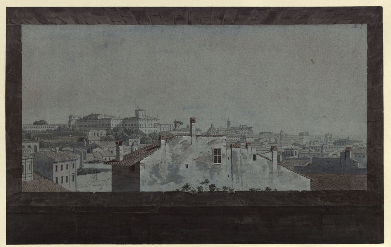 ”Utsikt över Quirinalpalatset och en del av Rom, tecknad från fönstret i en väns bostad” av Karl Friedrich Schinkel