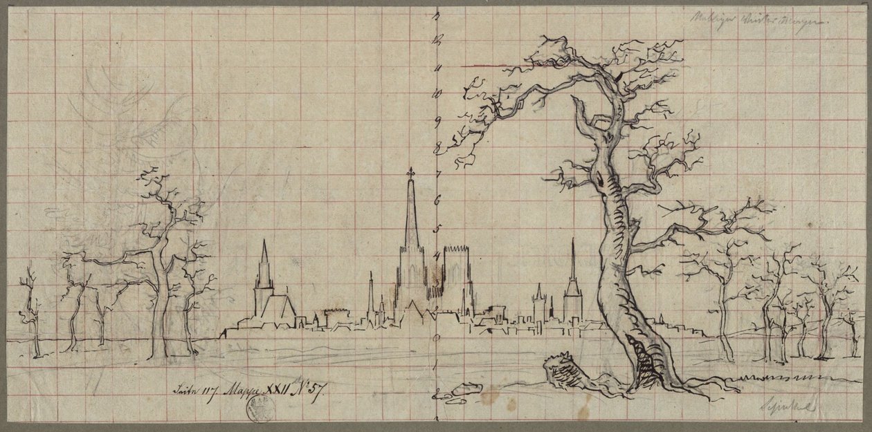 Vy över en stad med en högt resande katedral i ett vinterlandskap av Karl Friedrich Schinkel