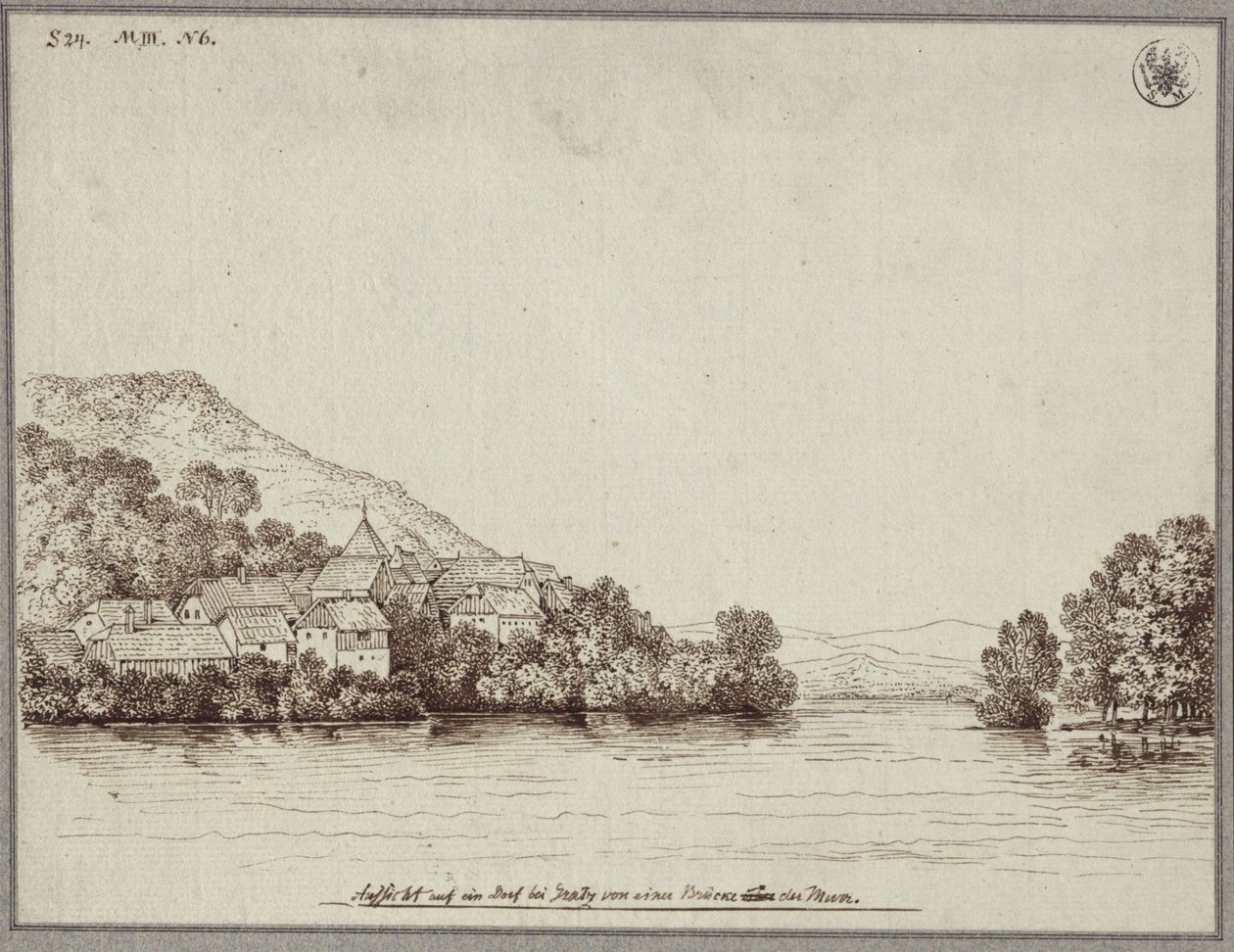 Utsikt över en by nära Graz från en bro över Mur av Karl Friedrich Schinkel