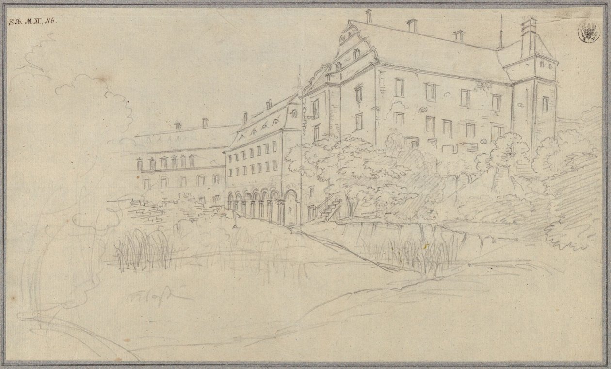 Vy över ett slott med renässansgavlar i Schlesien eller Böhmen av Karl Friedrich Schinkel