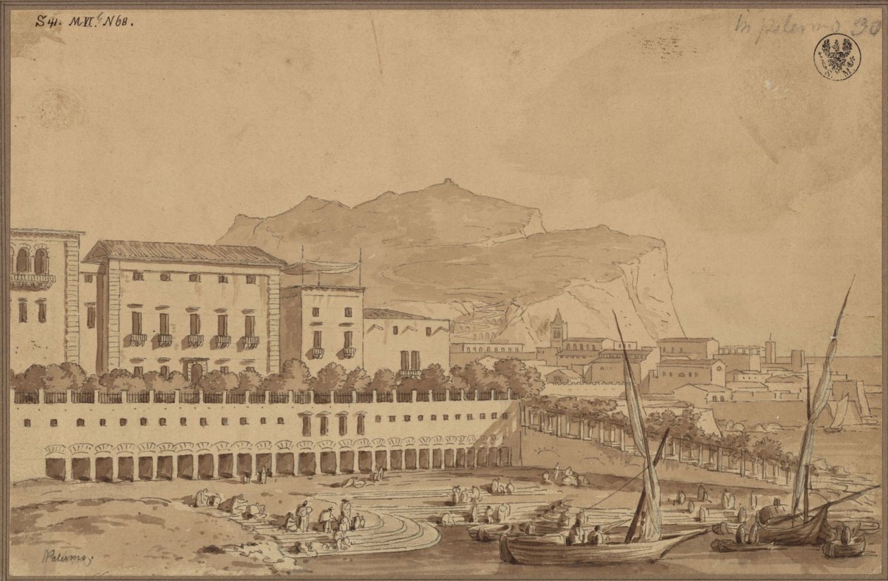 "Utsikt från balkongen i min lägenhet i Palermo, den lilla stadshamnen, i fjärran Monte Pelegrino [Pellegrino]" av Karl Friedrich Schinkel