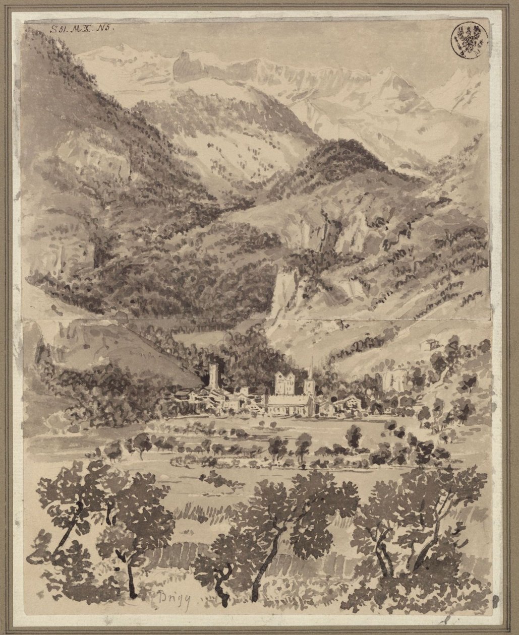 Utsikt över Brig med omgivningar i den schweiziska kantonen Valais av Karl Friedrich Schinkel