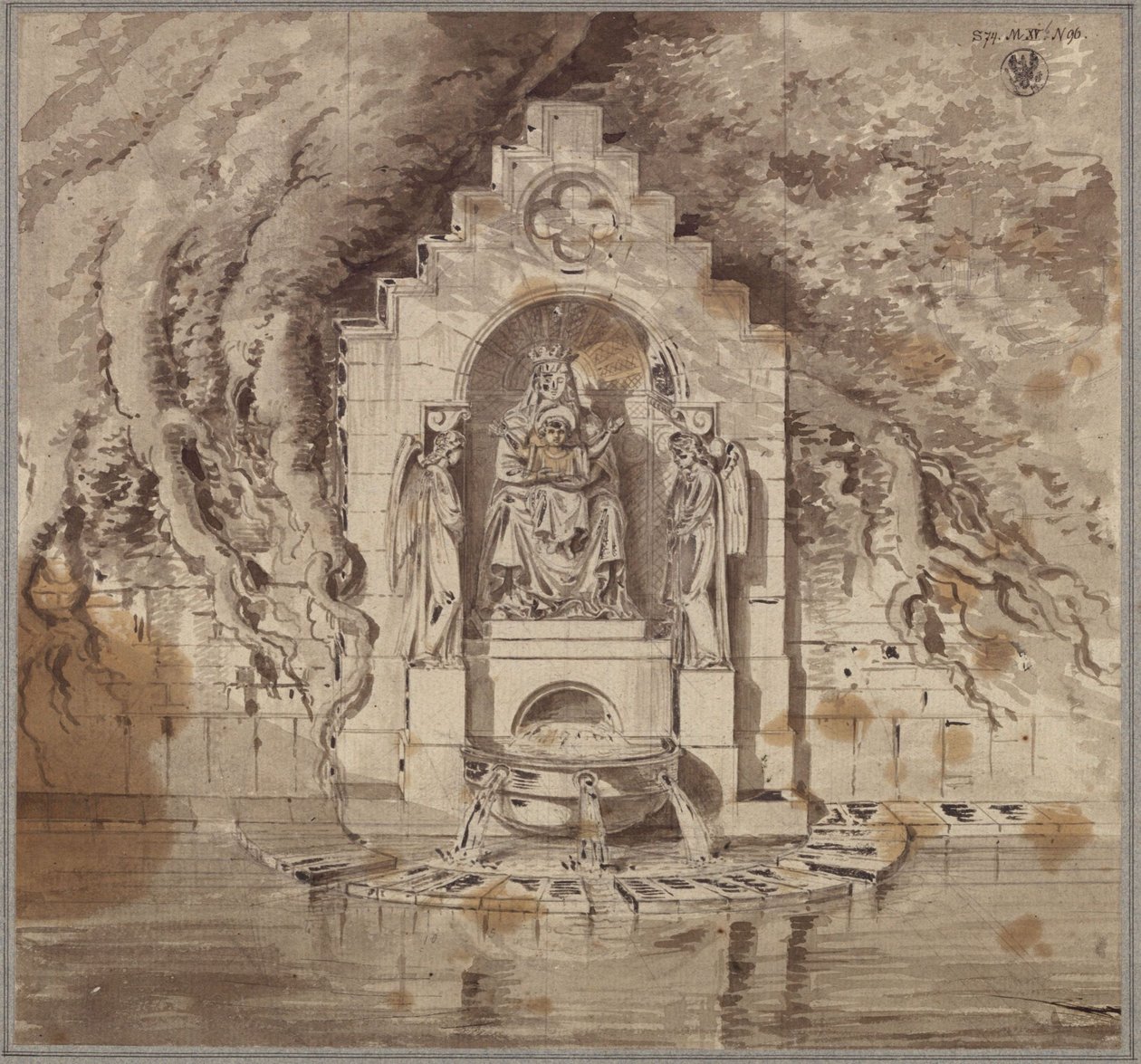 Arkitektonisk inramning av en källa med en madonnastaty och två änglastatyer av Karl Friedrich Schinkel