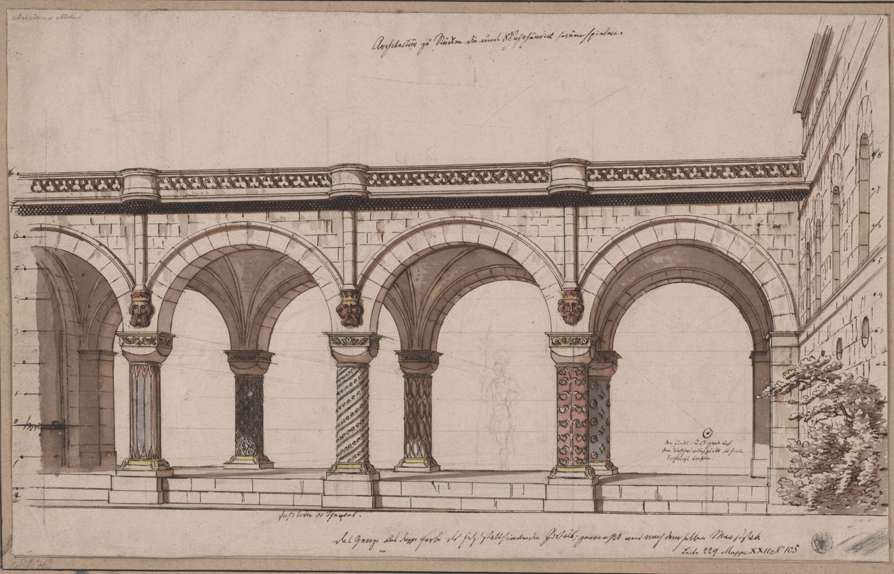 Ariodant. Opera av Étienne Nicolas Méhul. Förslag till den 1:a dekorationen. Arkadgång / Ett galleri av Karl Friedrich Schinkel