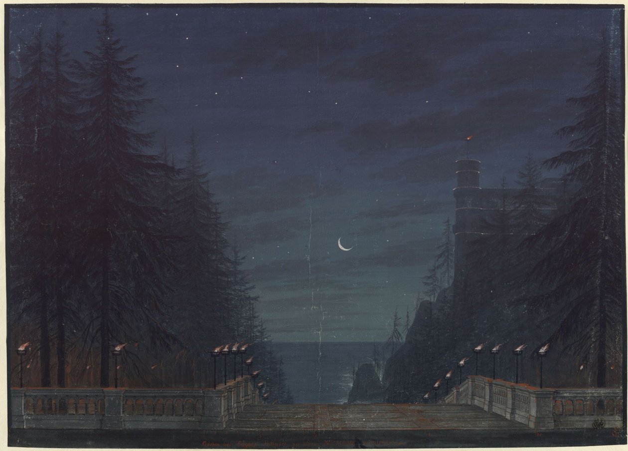 Ariodan. Opera av Etienne Nicolas Méhul. Skiss till den andra scenografin. Trädgården vid Edgars palats av Karl Friedrich Schinkel