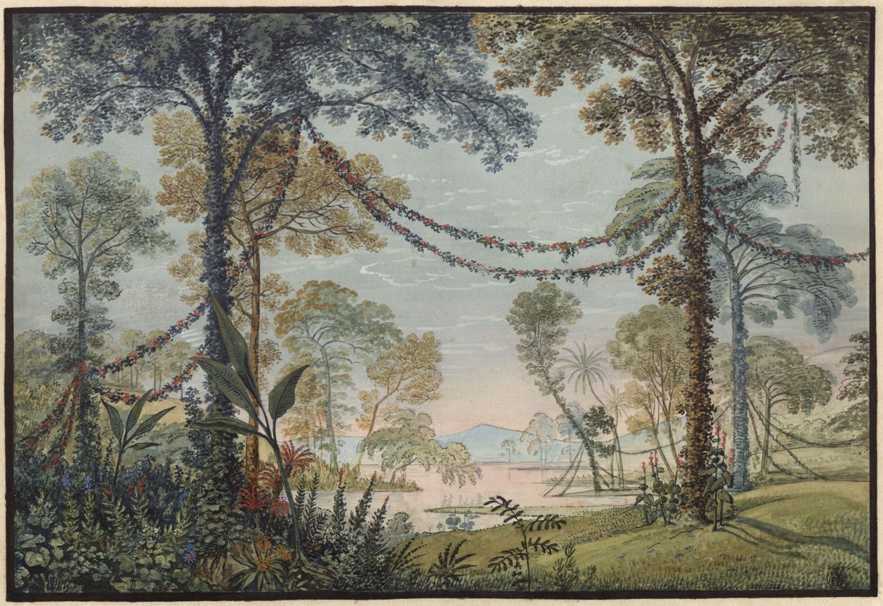 Armida. Opera av Christoph Willibald Gluck. Skiss till den tredje scendekorationen. En girlandprydd lund vid sjöstranden av Karl Friedrich Schinkel