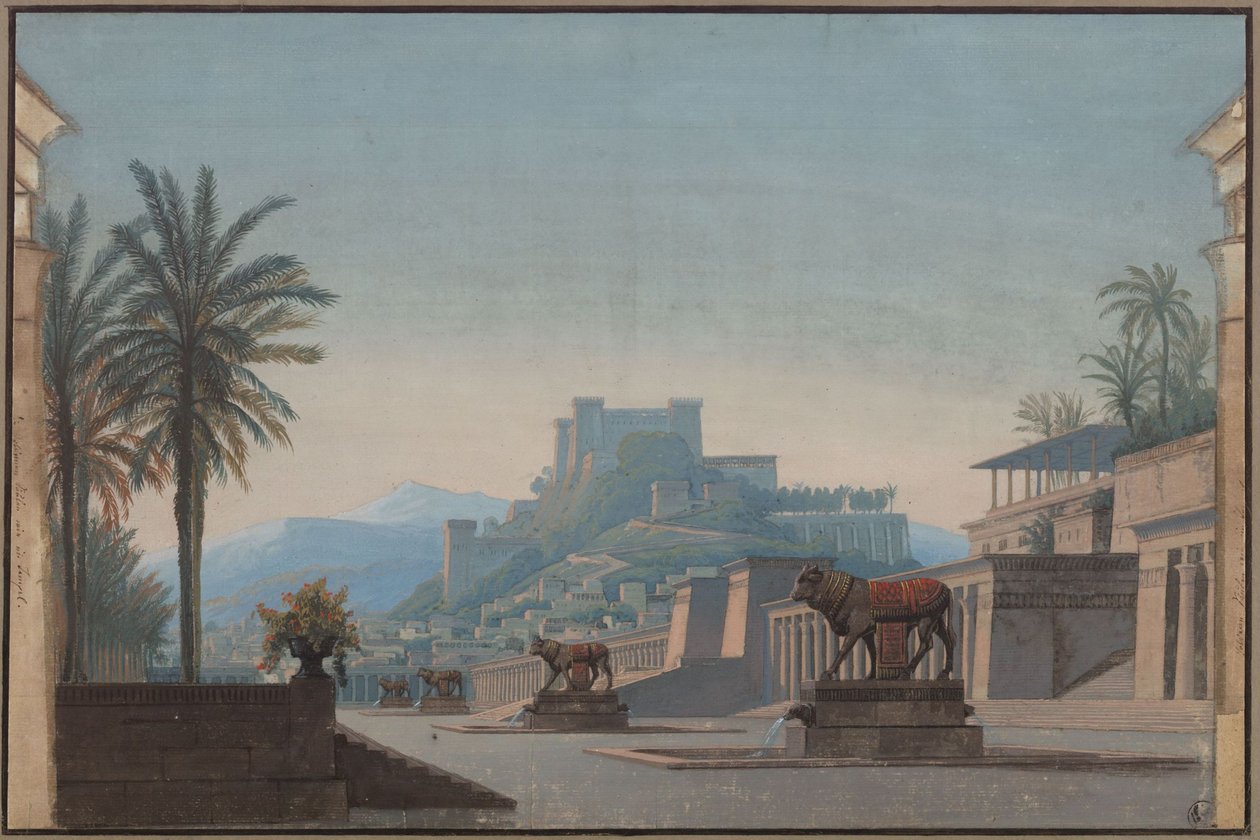 Athalia. Opera av Johann Nepomuk von Poissl. Skiss till den första scenografin. Utsikt över Jerusalem och Sions fästning av Karl Friedrich Schinkel