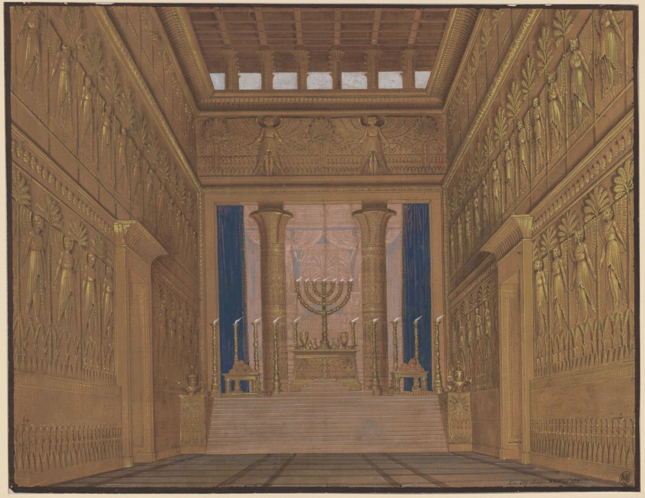 Athalia. Opera av Johann Nepomuk von Poissl. Skiss till den 2:a dekoren. Interiör av templet i Jerusalem av Karl Friedrich Schinkel
