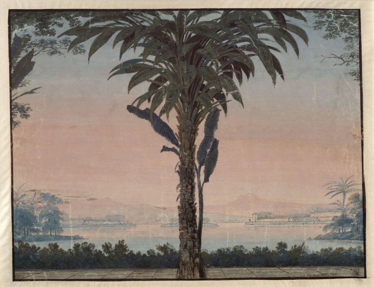 Athalia. Opera av Johann Nepomuk von Poissl. Skiss till den fjärde scendekorationen. Översteprästens trädgård med en stor palm framför en vattenyta av Karl Friedrich Schinkel