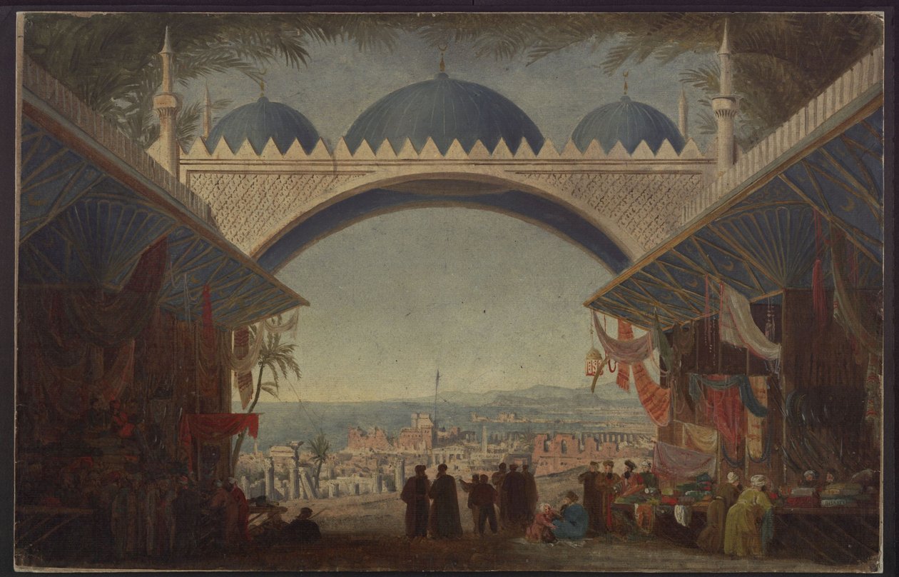 Aucassin och Nicolette. Opera av Georg Abraham Schneider. Skiss till den femte scendekorationen. Basaren i Tunis av Karl Friedrich Schinkel