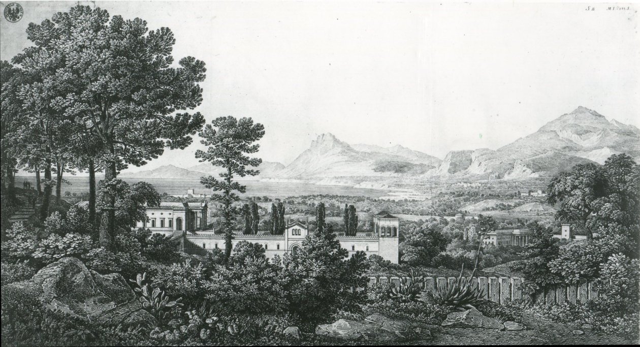 "Utsikt från prins Valguarneras palats över en del av Bagaria nära Palermo och Cefalù-bukten" av Karl Friedrich Schinkel