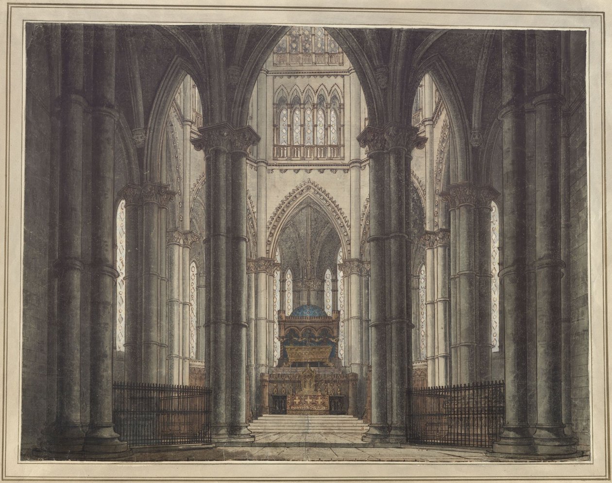 Axel och Walburg. Tragedi av Adam Oehlenschläger. Utkast till en dekoration. Interiören i en kryptkyrka av Karl Friedrich Schinkel