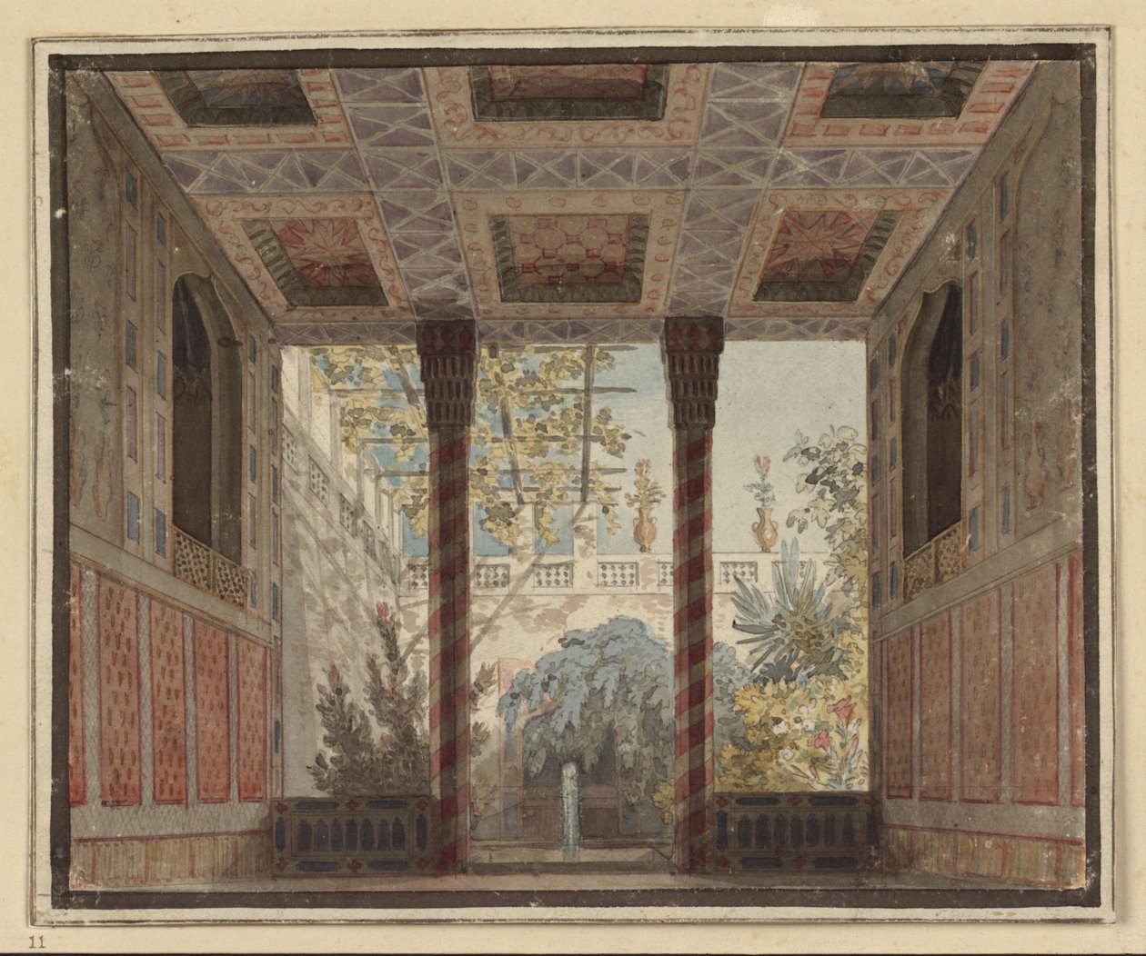 Axur, kung av Ormus. Opera av Antonio Salieri. Förslag till den 6:e dekorationen. Astasias trädgårdsrum av Karl Friedrich Schinkel