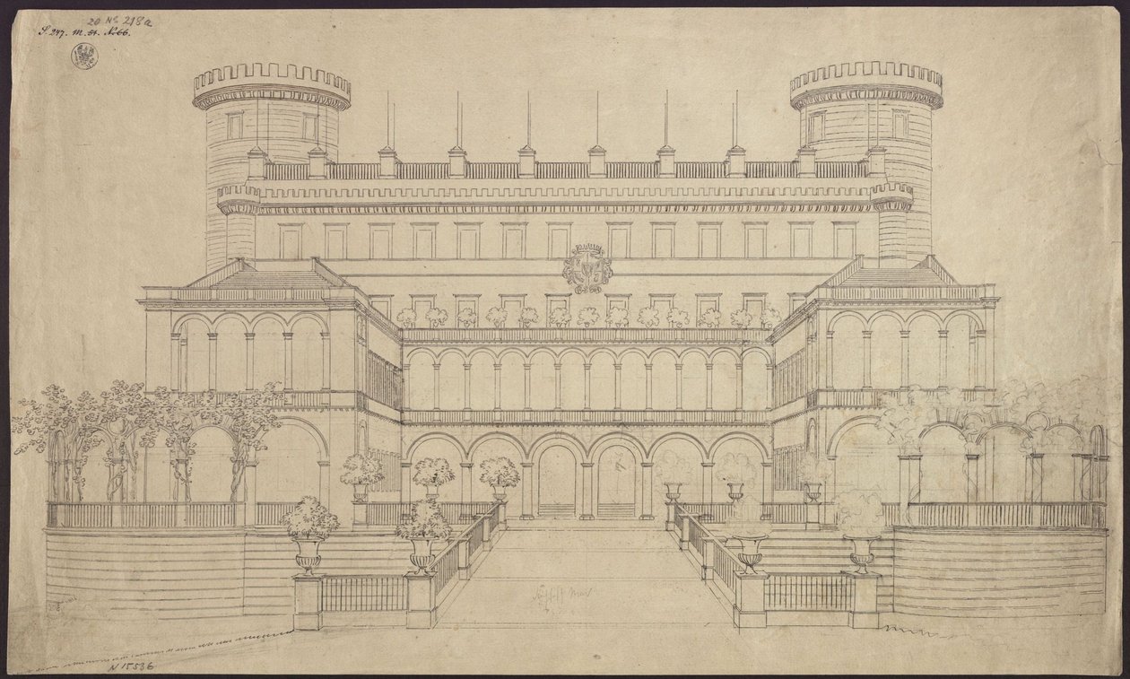 Bad Muskau. Slottet. Första förslaget till ombyggnad. Fasadritning av södra sidan av Karl Friedrich Schinkel