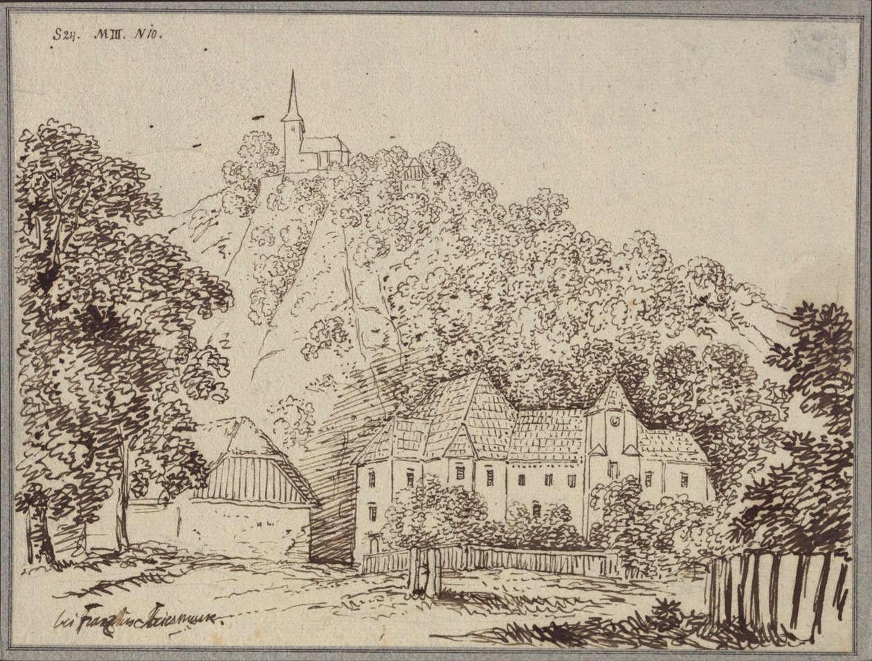 "Hos Franz i Steiermark" / Vy över Franz prästgård väster om Cilli (Celje) av Karl Friedrich Schinkel