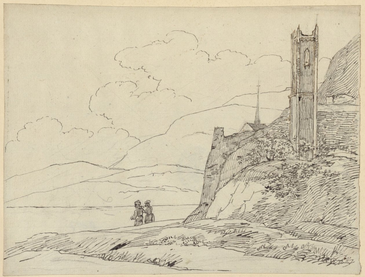 Bergslandskap med tornruiner och figurer av Karl Friedrich Schinkel