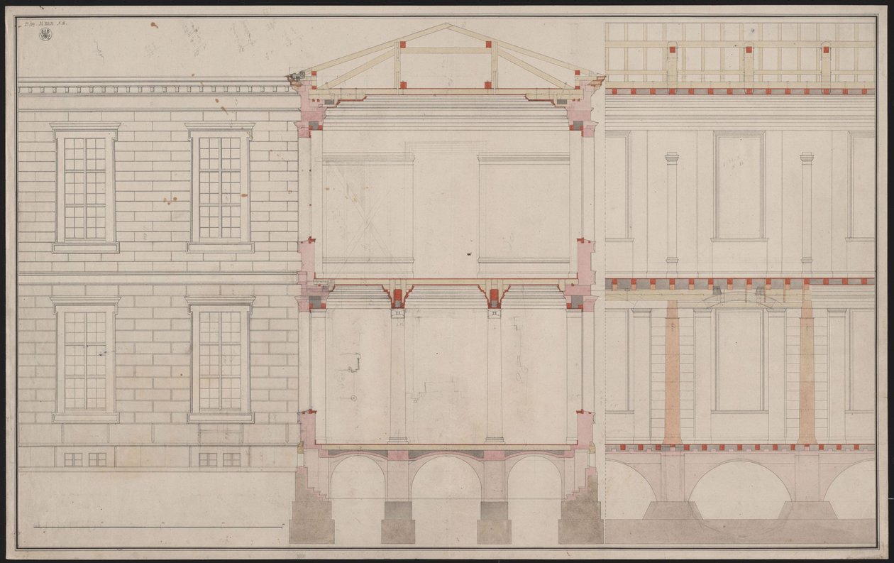 Berlin. Akademibyggnaden på Unter den Linden. Deluppritning av fasaden, detalj av dellängssektion och tvärsnitt av Karl Friedrich Schinkel