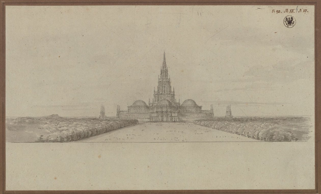 Berlin. Förslag till en katedral som minnesmärke över befrielsekrigen (Befrielsekatedralen), med korsningstorn och kupoler över tvärskeppets armar av Karl Friedrich Schinkel