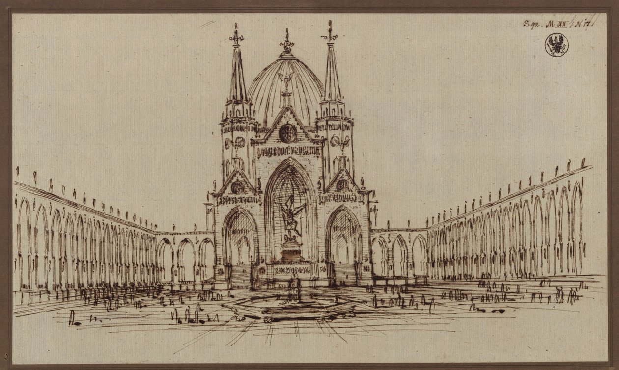 Berlin. Utformning till en domkyrka som monument över befrielsekrigen (Befrielsedomen) av Karl Friedrich Schinkel