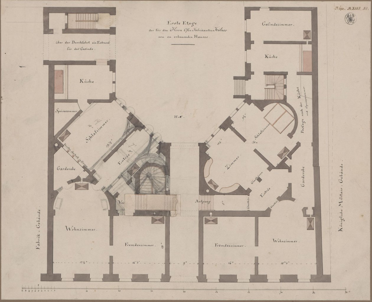 Berlin. Feilnerhaus. Planritning över första våningen av Karl Friedrich Schinkel