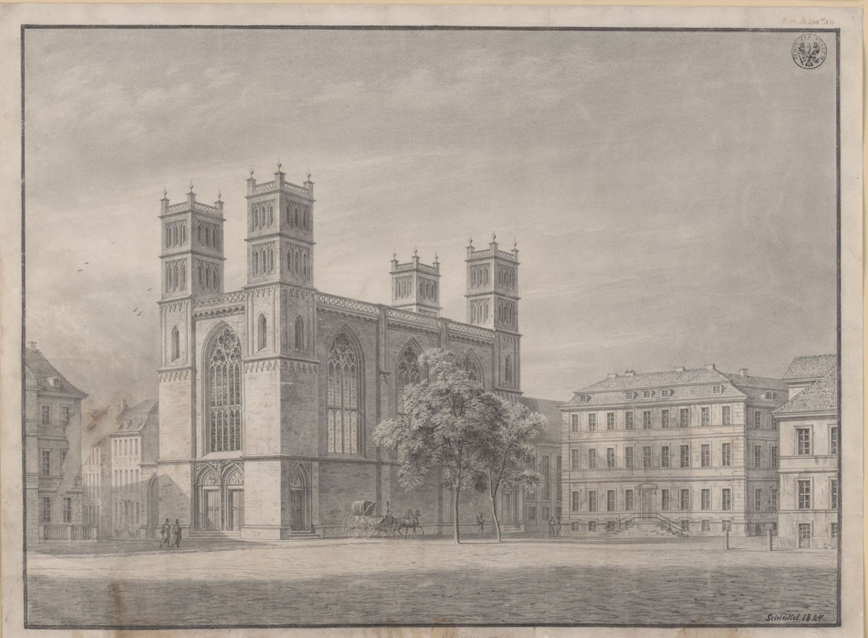 Berlin. Friedrichswerdersche kyrka. Perspektivvy och variant med fyra hörntorn av Karl Friedrich Schinkel