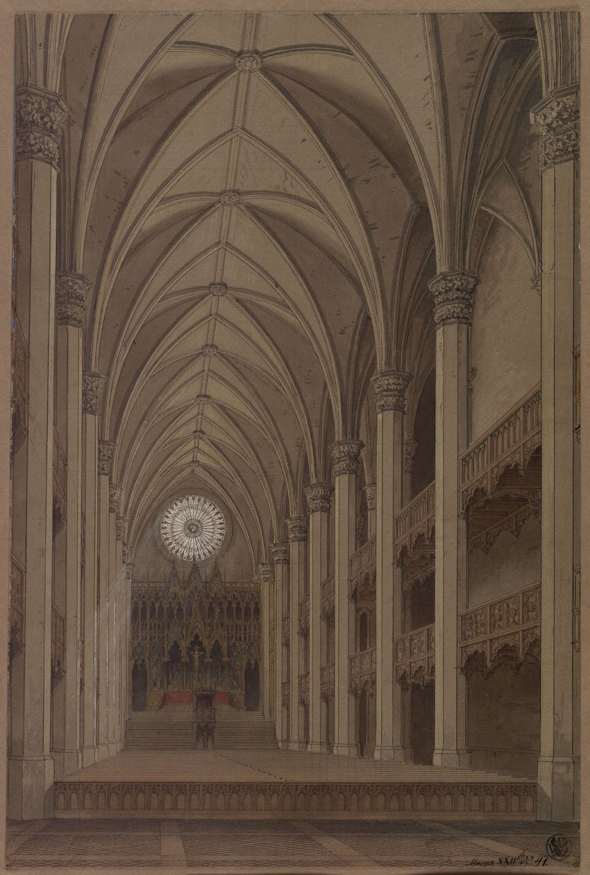 Berlin. Petrikyrkan. Förslag till återuppbyggnad i gotisk stil. Interiörvy med utsikt mot altaret av Karl Friedrich Schinkel