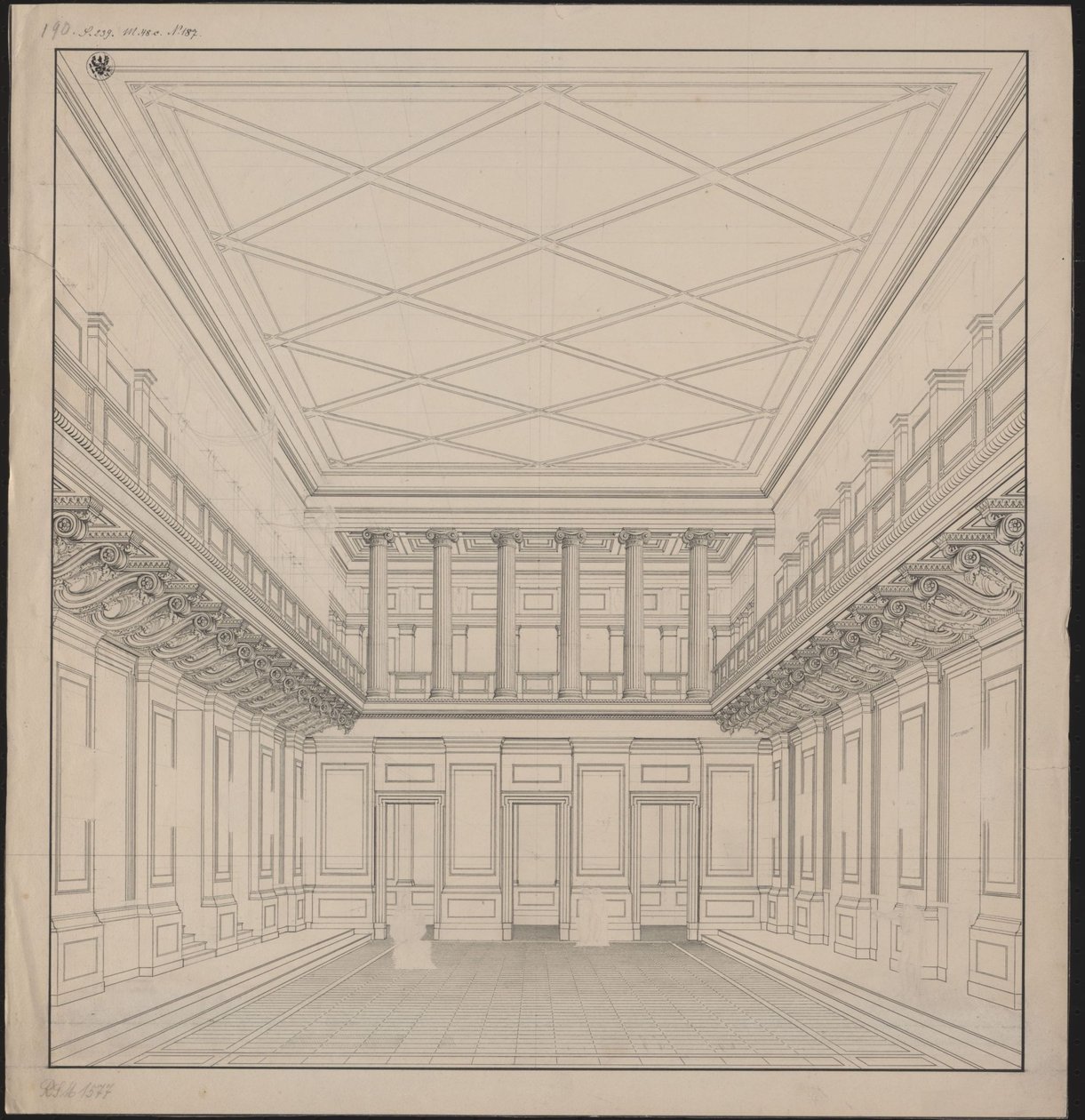 Berlin. Schauspielhaus vid Gendarmenmarkt, konsertsal. Vy av Karl Friedrich Schinkel