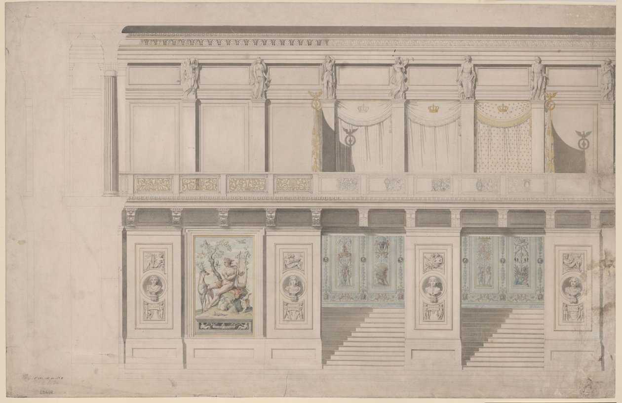 Berlin. Schauspielhaus på Gendarmenmarkt, konsertsalen. Uppritning av långväggen av Karl Friedrich Schinkel