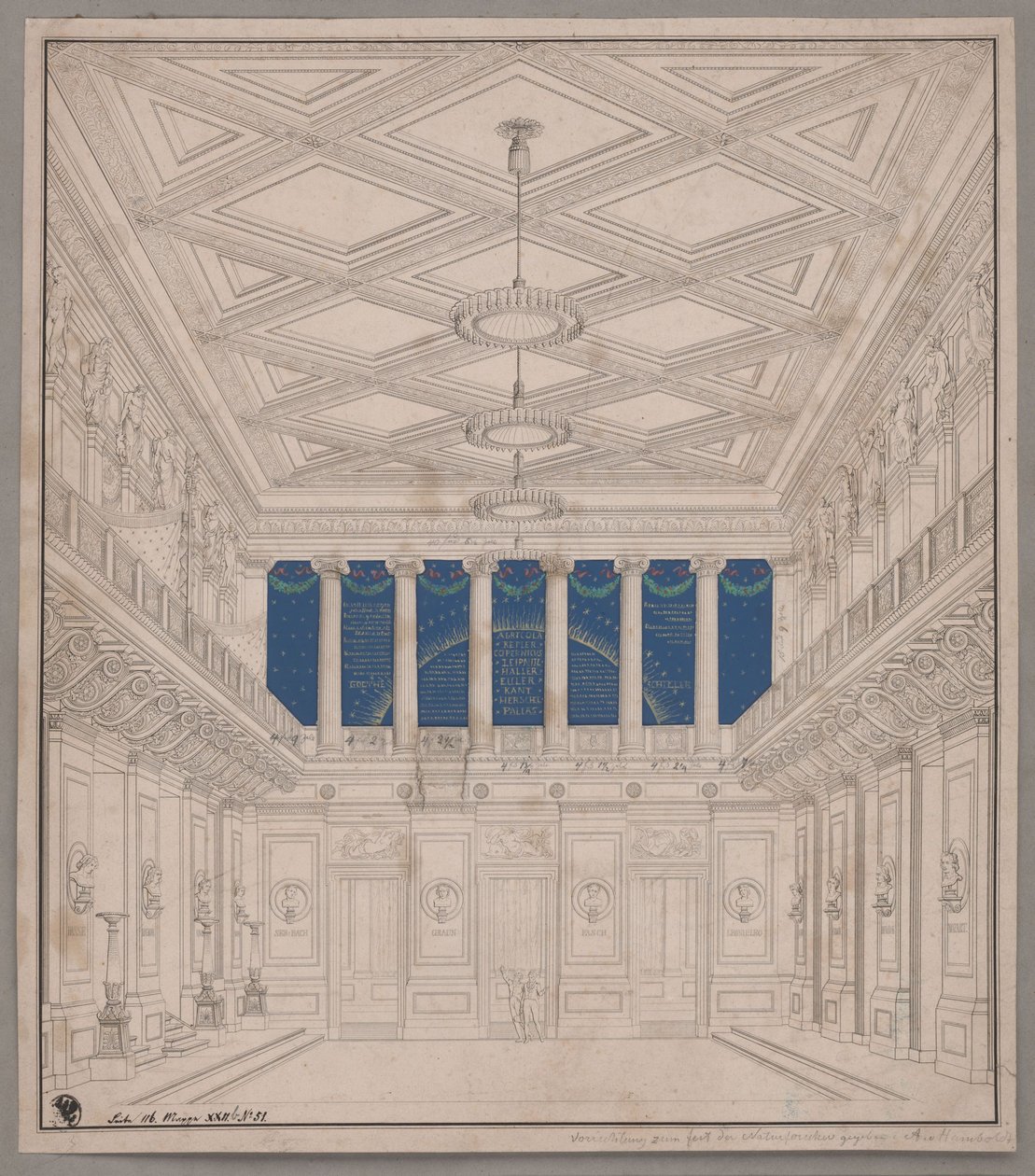 Berlin. Schauspielhaus på Gendarmenmarkt, konsertsalen.  Dekoration i samband med naturforskarnas fest av Karl Friedrich Schinkel