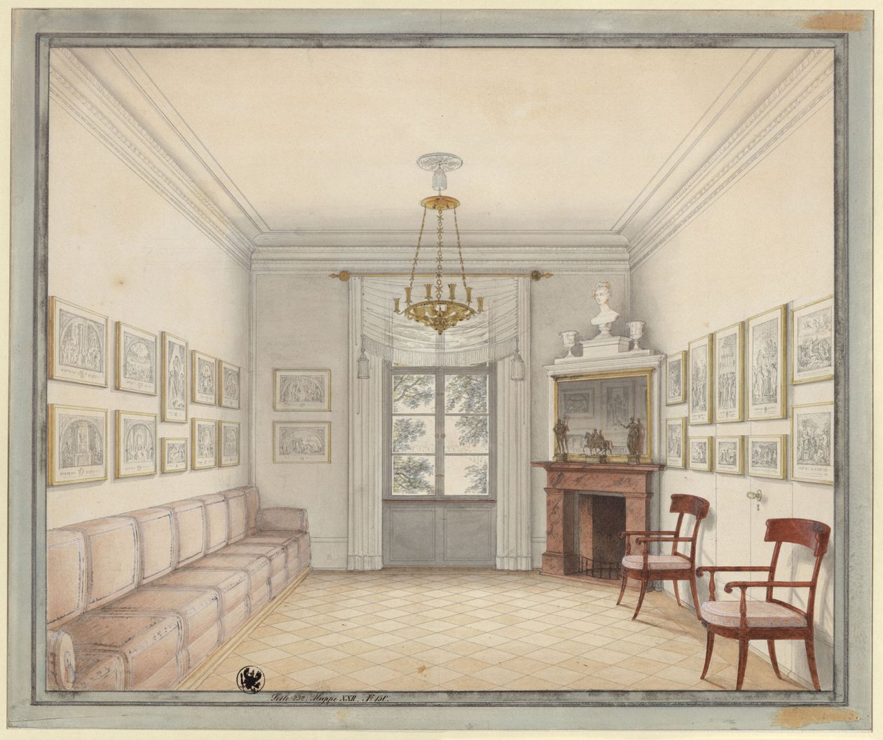 Berlin. Charlottenburgs slott, slottsparken, Nya paviljongen (Schinkelpaviljongen). Vy över Vita rummet som förebild för utformningen av rummen på övre våningen av Karl Friedrich Schinkel
