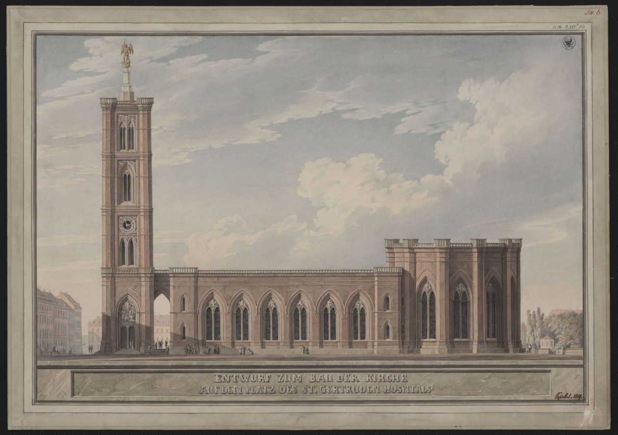 Berlin, Spittelmarkt. Förslag till Sankt Gertruds kyrka. Exteriörvy av Karl Friedrich Schinkel