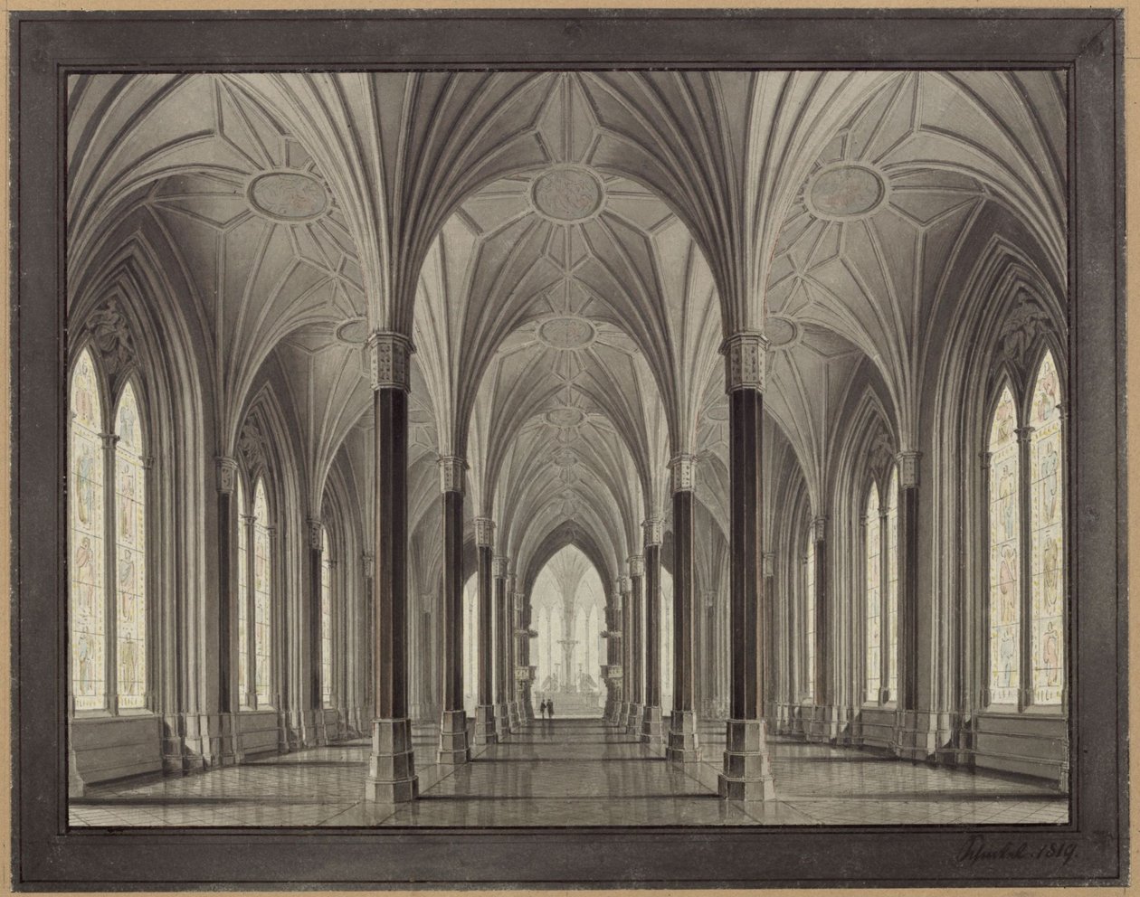 Berlin, Spittelmarkt. Förslag till S:t Gertrauds kyrka. Interiörvy, genom långhuset mot koret av Karl Friedrich Schinkel