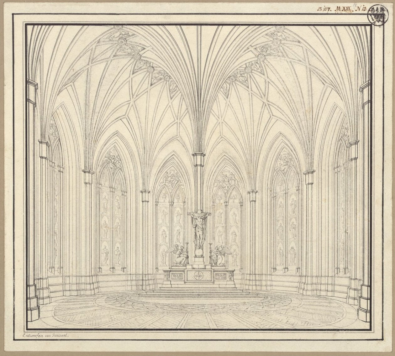 Berlin, Spittelmarkt. Förslag till Sankt Gertruds kyrka. Interiörvy av koret av Karl Friedrich Schinkel
